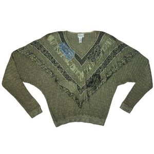 Vintage Marilu Italy Olive Green Dolman Sleeve Patchwork Sweater 80s Boho Top